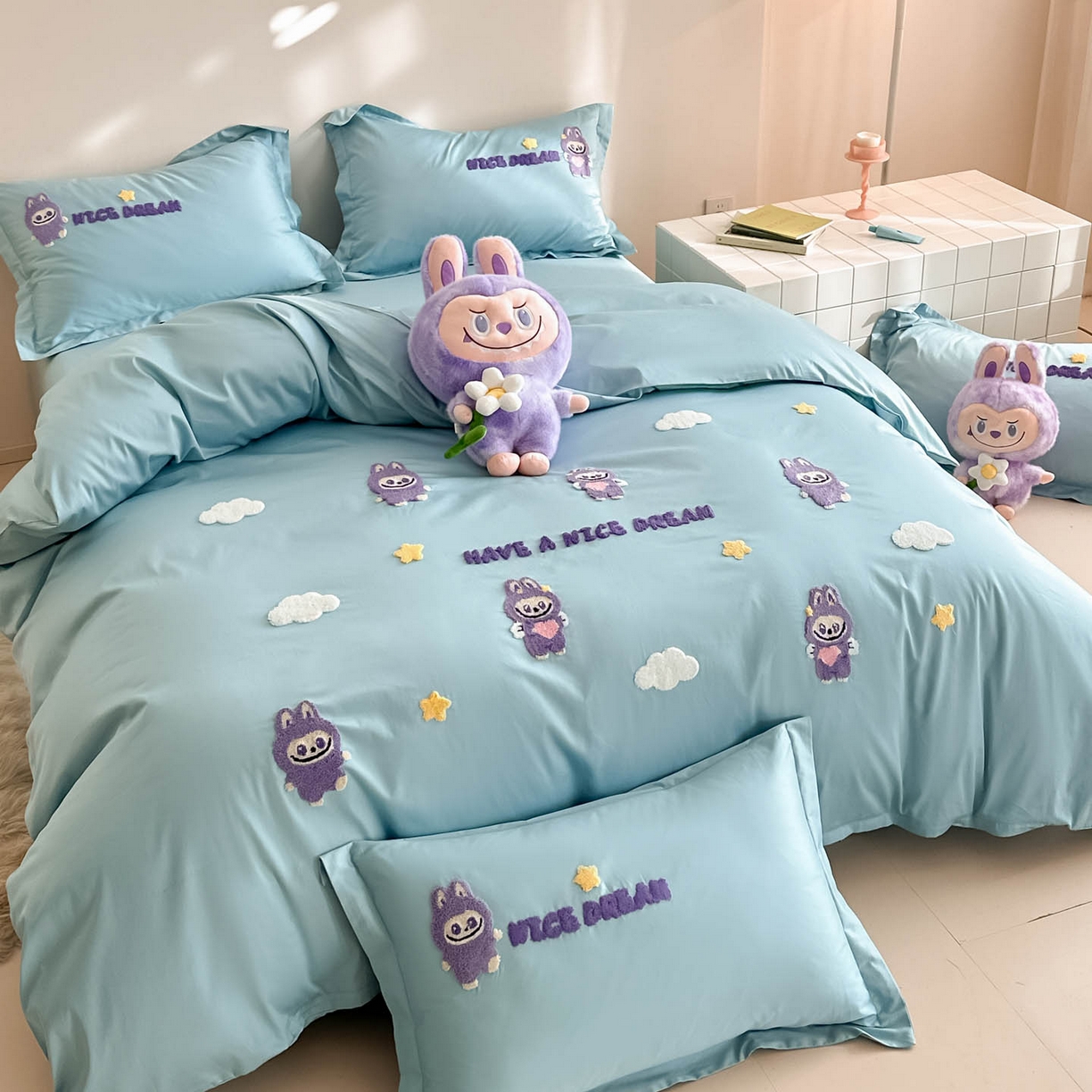 犇牛仓储供应链 2026春夏新款A类全棉纯棉毛巾绣卡通款四件套拉布布 拉布布-蓝