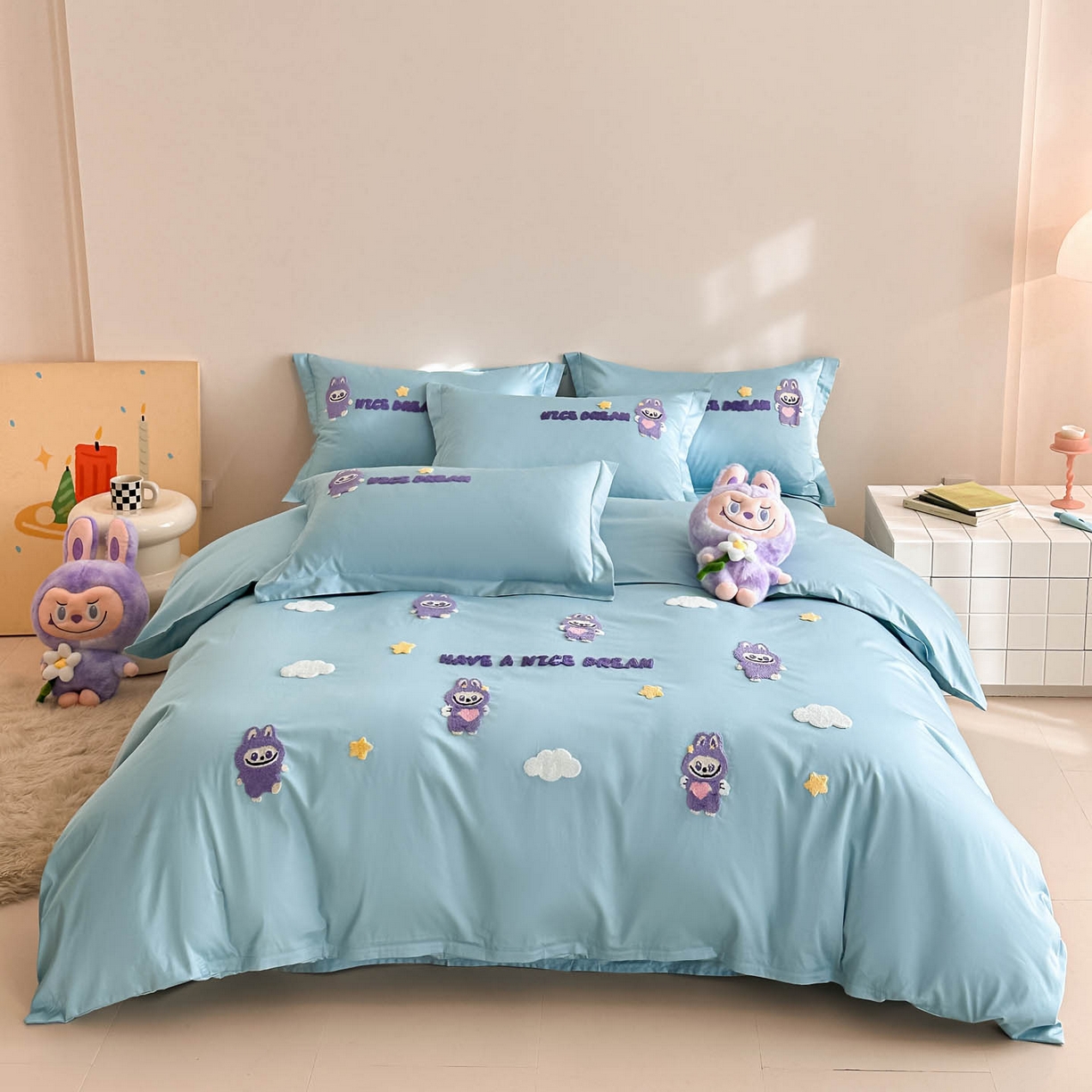 91家纺网 家纺一手货源 找家纺 犇牛仓储供应链 2026春夏新款A类全棉纯棉毛巾绣卡通款四件套拉布布 拉布布-蓝