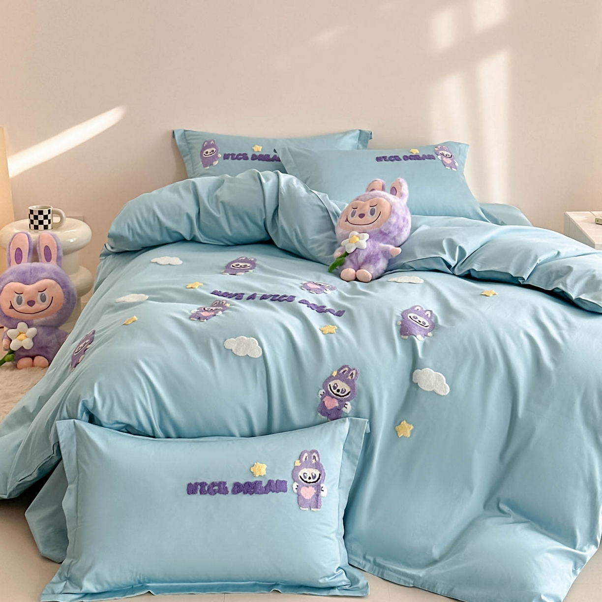 91家纺网 家纺一手货源 找家纺 犇牛仓储供应链 2026春夏新款A类全棉纯棉毛巾绣卡通款四件套拉布布 拉布布-蓝