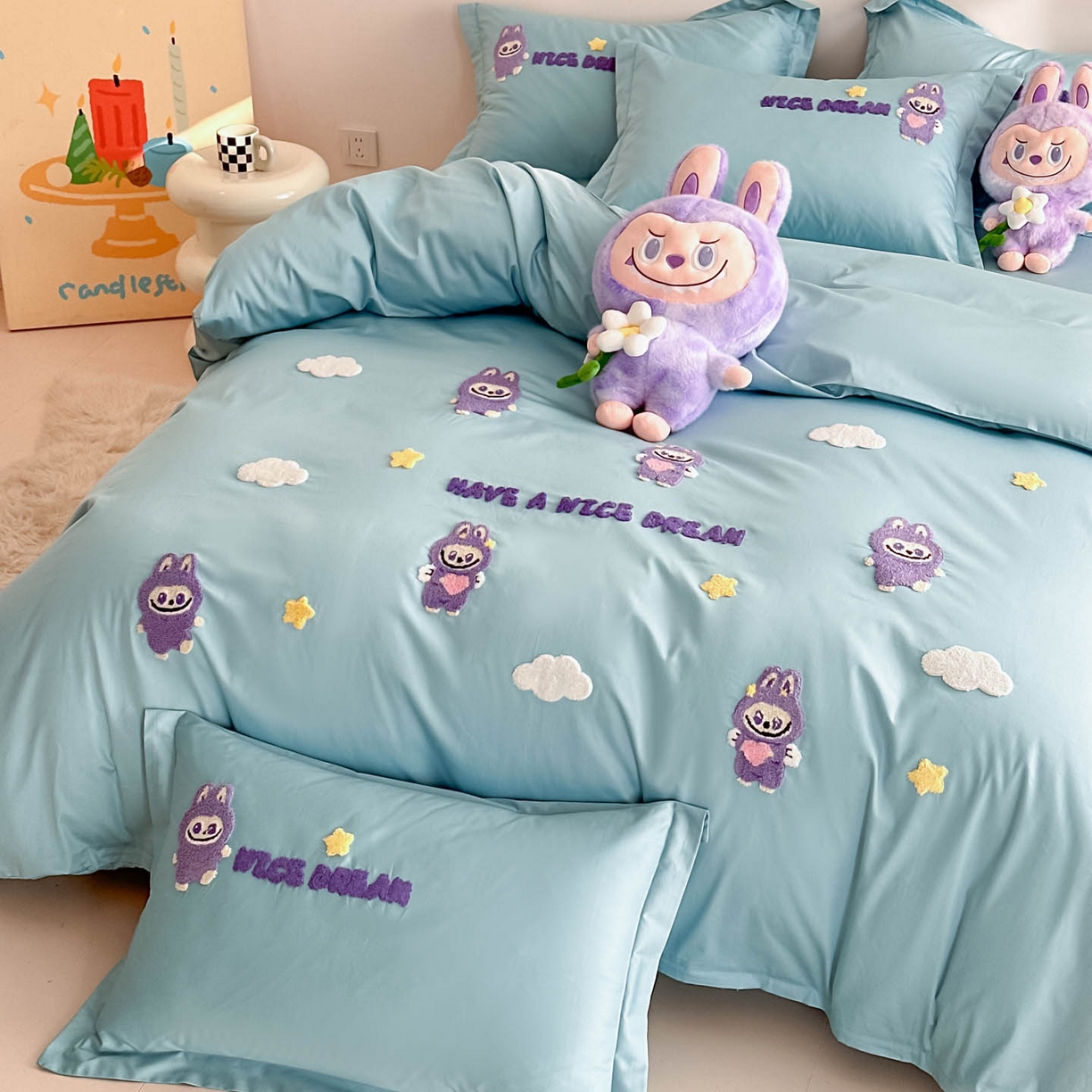 91家纺网 家纺一手货源 找家纺 犇牛仓储供应链 2026春夏新款A类全棉纯棉毛巾绣卡通款四件套拉布布 拉布布-蓝