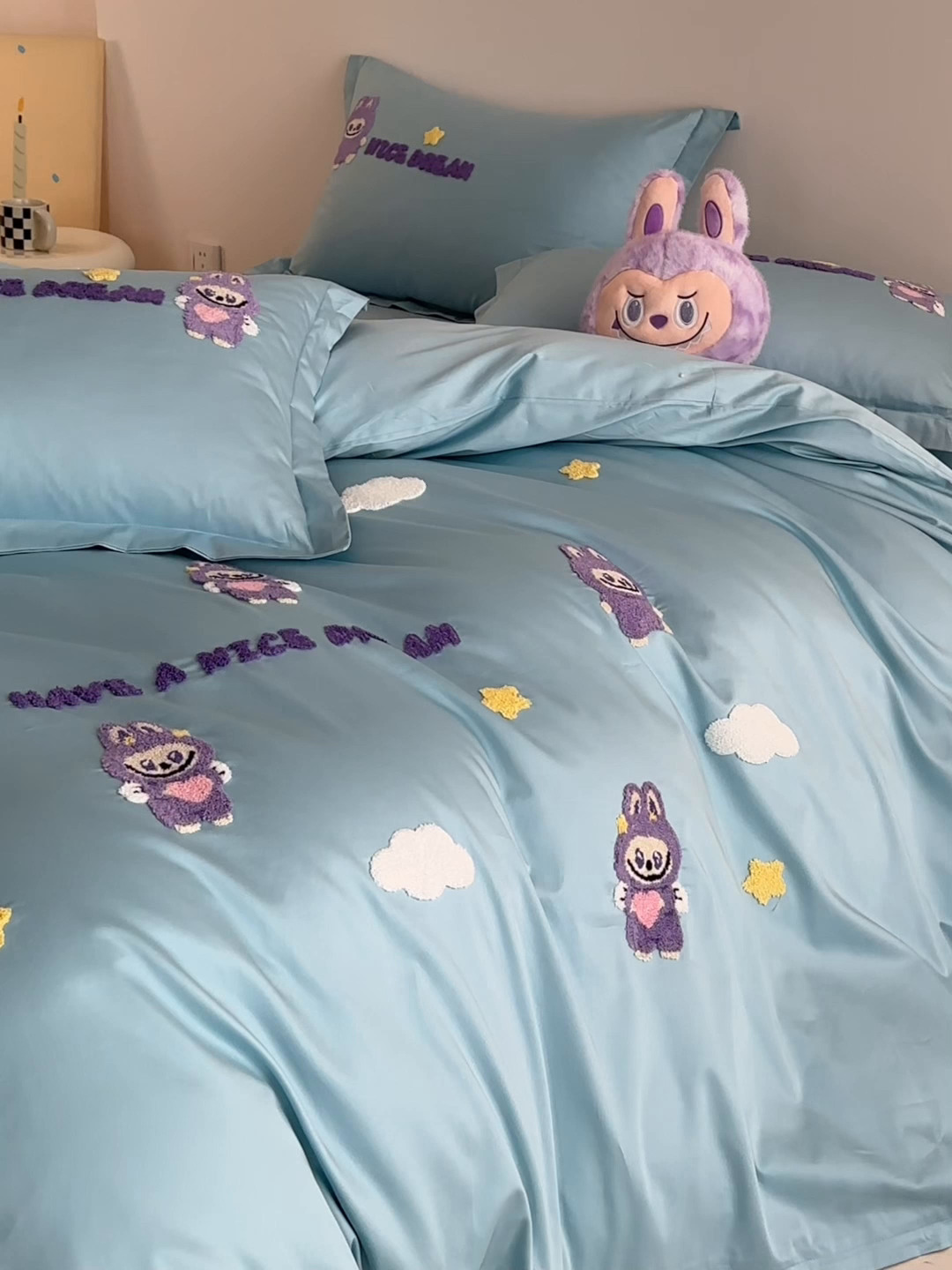 91家纺网 家纺一手货源 找家纺 犇牛仓储供应链 2026春夏新款A类全棉纯棉毛巾绣卡通款四件套拉布布 拉布布-蓝