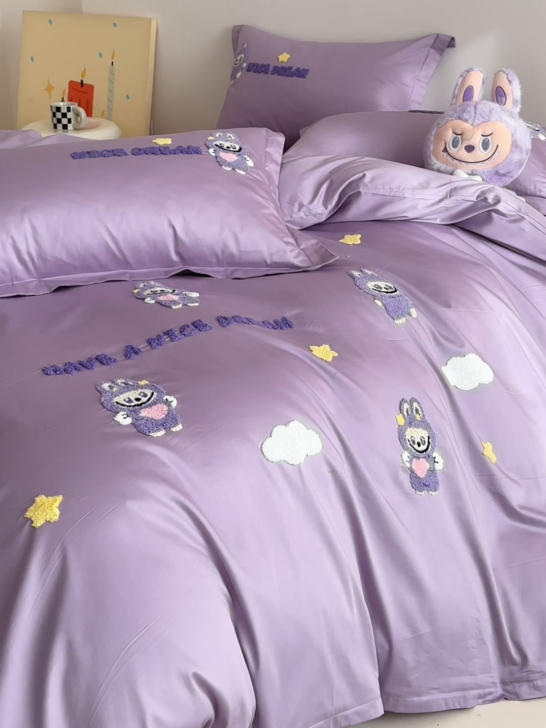 91家纺网 家纺一手货源 找家纺 犇牛仓储供应链 2026春夏新款A类全棉纯棉毛巾绣卡通款四件套拉布布 拉布布-优雅紫