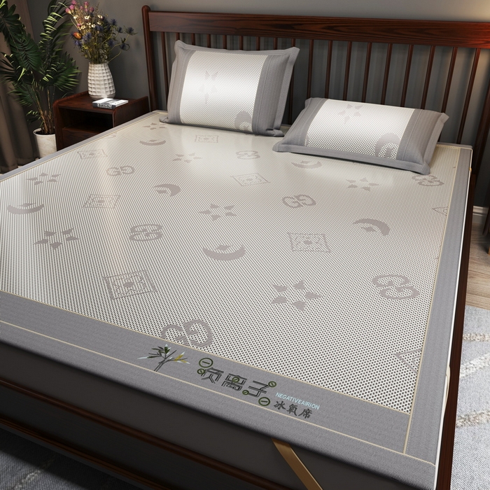 yyds网供 2026新款碳光绣花冰藤席夏季冰丝席空调软席可水洗折叠凉席 绣花星月-银灰