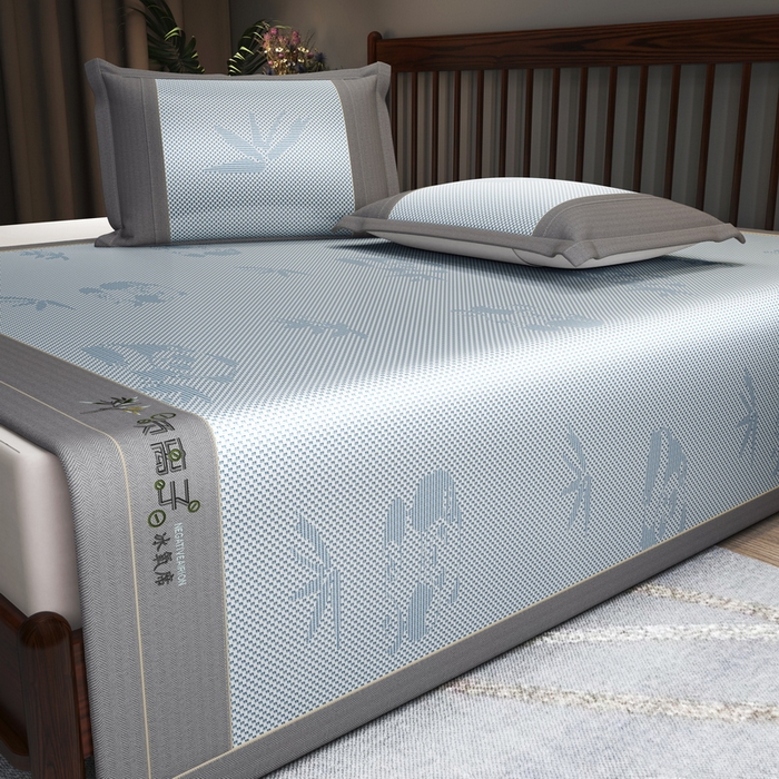 91家纺网 家纺一手货源 找家纺 yyds网供 2026新款碳光绣花冰藤席夏季冰丝席空调软席可水洗折叠凉席 绣花熊猫-浅蓝