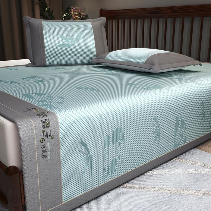 91家纺网 家纺一手货源 找家纺 yyds网供 2026新款碳光绣花冰藤席夏季冰丝席空调软席可水洗折叠凉席 绣花熊猫-水绿