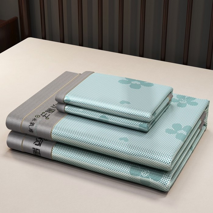 91家纺网 家纺一手货源 找家纺 yyds网供 2026新款碳光绣花冰藤席夏季冰丝席空调软席可水洗折叠凉席 绣花樱花-水绿