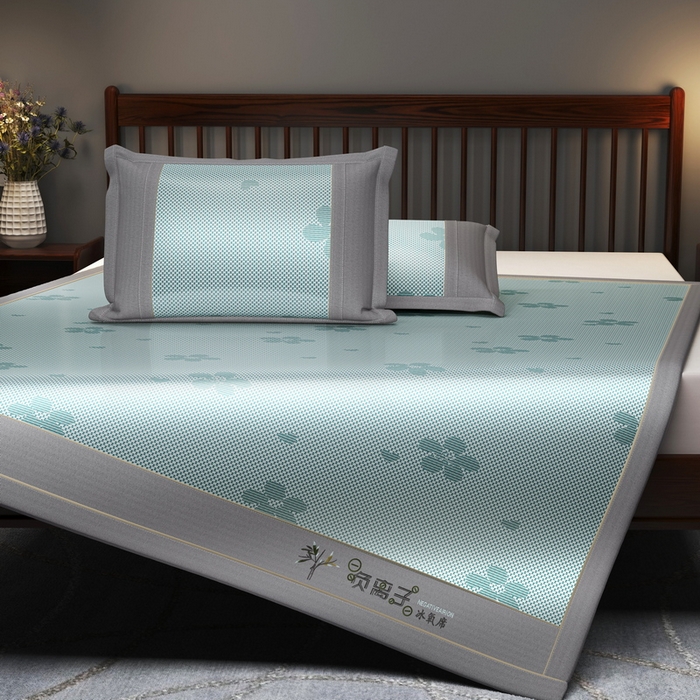 91家纺网 家纺一手货源 找家纺 yyds网供 2026新款碳光绣花冰藤席夏季冰丝席空调软席可水洗折叠凉席 绣花樱花-水绿