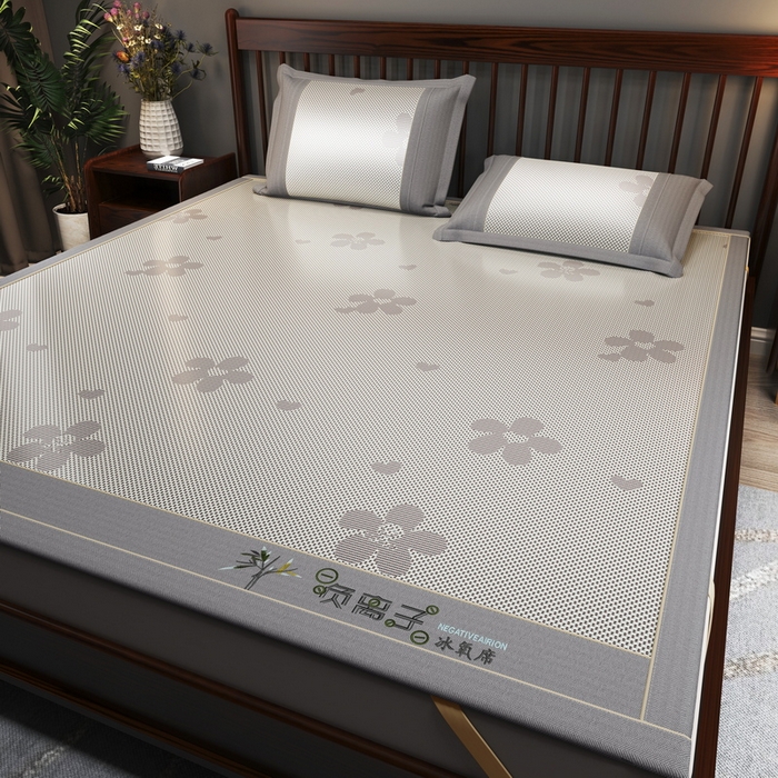 yyds网供 2026新款碳光绣花冰藤席夏季冰丝席空调软席可水洗折叠凉席 绣花樱花-银灰