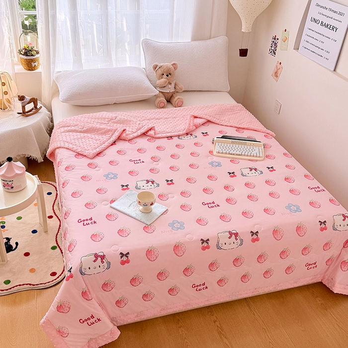 91家纺网 家纺一手货源 找家纺 丫丫家纺 2026新款Ａ类豆豆被有氨凉感丝冰豆豆夏被卡通印花双面凉感丝（含氨纶）夏凉被空调被子 豆豆凯蒂粉