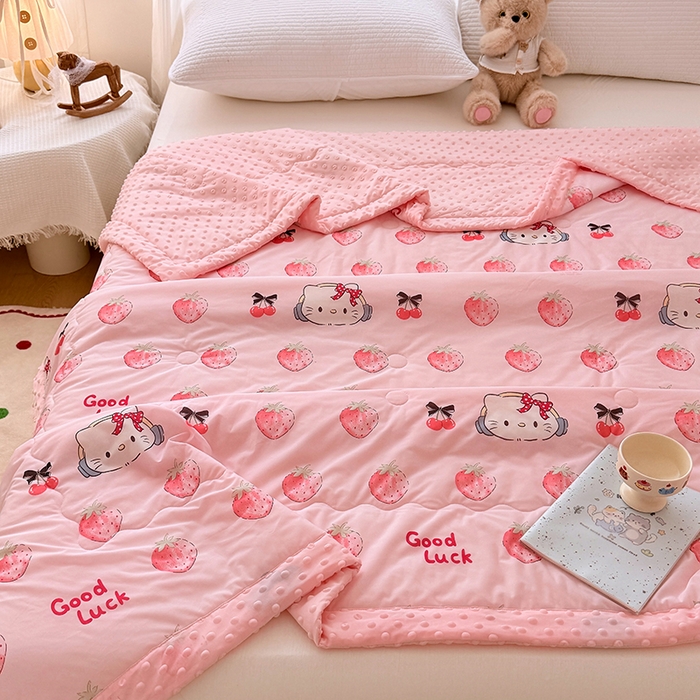 91家纺网 家纺一手货源 找家纺 丫丫家纺 2026新款Ａ类豆豆被有氨凉感丝冰豆豆夏被卡通印花双面凉感丝（含氨纶）夏凉被空调被子 豆豆凯蒂粉