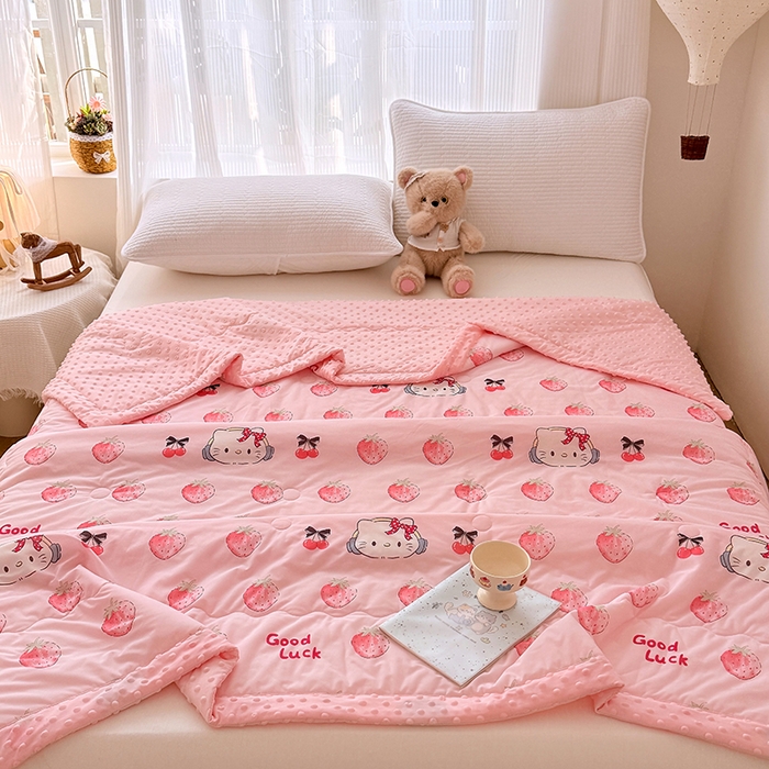 91家纺网 家纺一手货源 找家纺 丫丫家纺 2026新款Ａ类豆豆被有氨凉感丝冰豆豆夏被卡通印花双面凉感丝（含氨纶）夏凉被空调被子 豆豆凯蒂粉