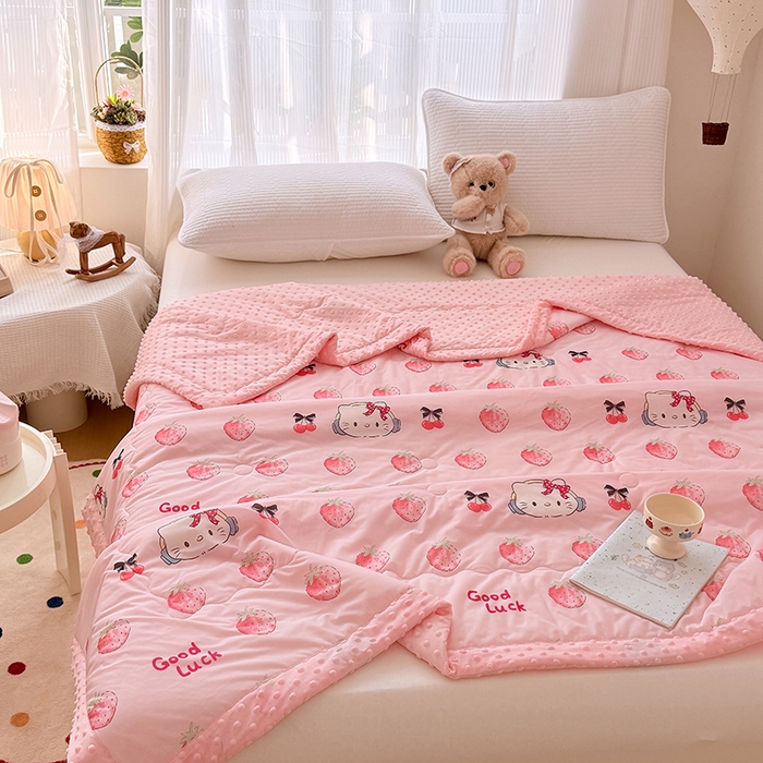 91家纺网 家纺一手货源 找家纺 丫丫家纺 2026新款Ａ类豆豆被有氨凉感丝冰豆豆夏被卡通印花双面凉感丝（含氨纶）夏凉被空调被子 豆豆凯蒂粉