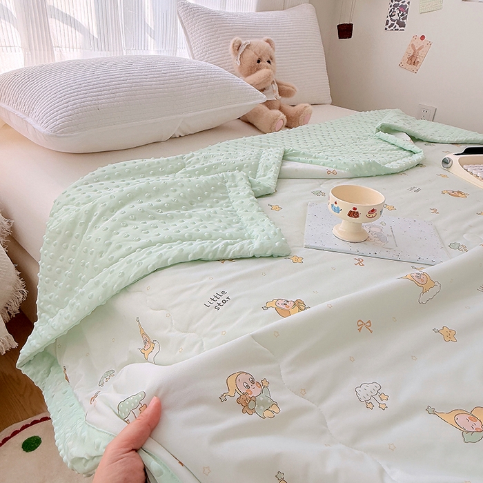 91家纺网 家纺一手货源 找家纺 丫丫家纺 2026新款Ａ类豆豆被有氨凉感丝冰豆豆夏被卡通印花双面凉感丝（含氨纶）夏凉被空调被子 奶绿星星