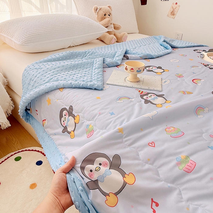 91家纺网 家纺一手货源 找家纺 丫丫家纺 2026新款Ａ类豆豆被有氨凉感丝冰豆豆夏被卡通印花双面凉感丝（含氨纶）夏凉被空调被子 企鹅王子