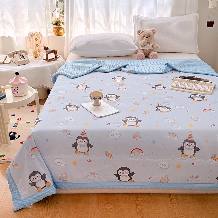 91家纺网 家纺一手货源 找家纺 丫丫家纺 2026新款Ａ类豆豆被有氨凉感丝冰豆豆夏被卡通印花双面凉感丝（含氨纶）夏凉被空调被子 企鹅王子
