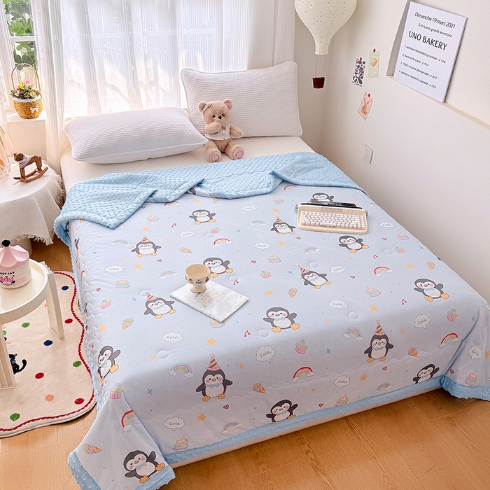 91家纺网 家纺一手货源 找家纺 丫丫家纺 2026新款Ａ类豆豆被有氨凉感丝冰豆豆夏被卡通印花双面凉感丝（含氨纶）夏凉被空调被子 企鹅王子