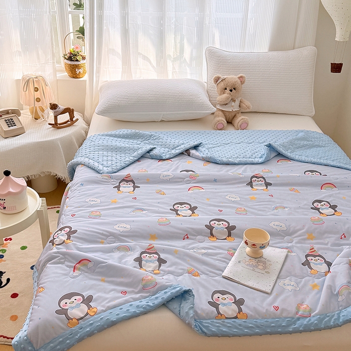 91家纺网 家纺一手货源 找家纺 丫丫家纺 2026新款Ａ类豆豆被有氨凉感丝冰豆豆夏被卡通印花双面凉感丝（含氨纶）夏凉被空调被子 企鹅王子