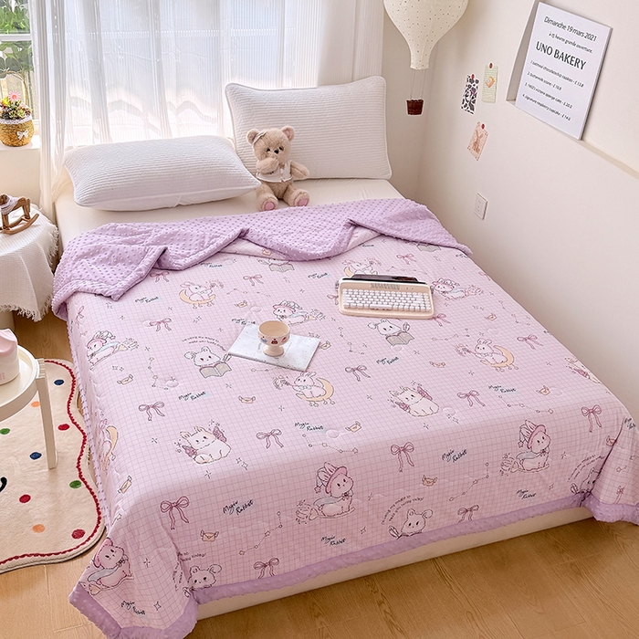 91家纺网 家纺一手货源 找家纺 丫丫家纺 2026新款Ａ类豆豆被有氨凉感丝冰豆豆夏被卡通印花双面凉感丝（含氨纶）夏凉被空调被子 小可爱紫
