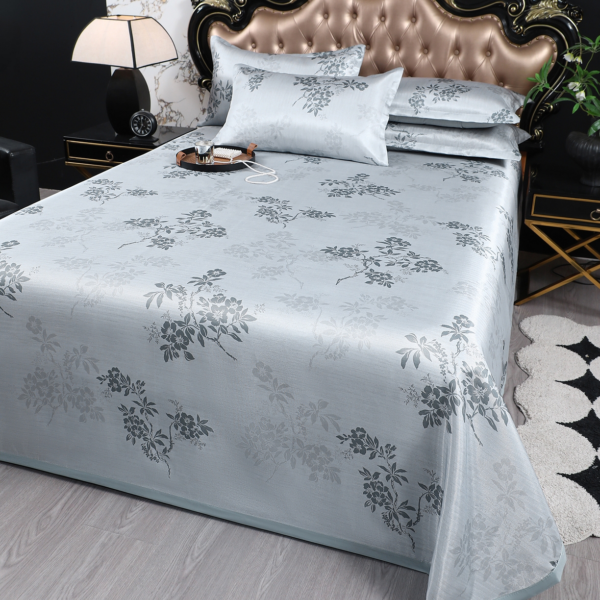 91家纺网 家纺一手货源 找家纺 坦客毯业 2026新款印花冰丝席三件套斜纹加厚冰丝凉席夏凉子 山茶花