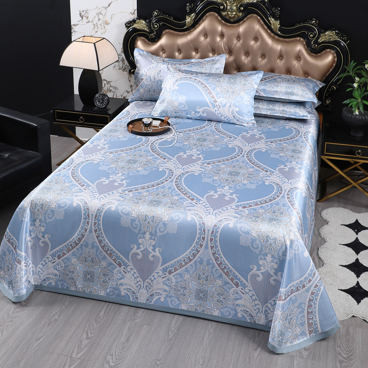 91家纺网 家纺一手货源 找家纺 坦客毯业 2026新款印花冰丝席三件套斜纹加厚冰丝凉席夏凉子 欧式典雅