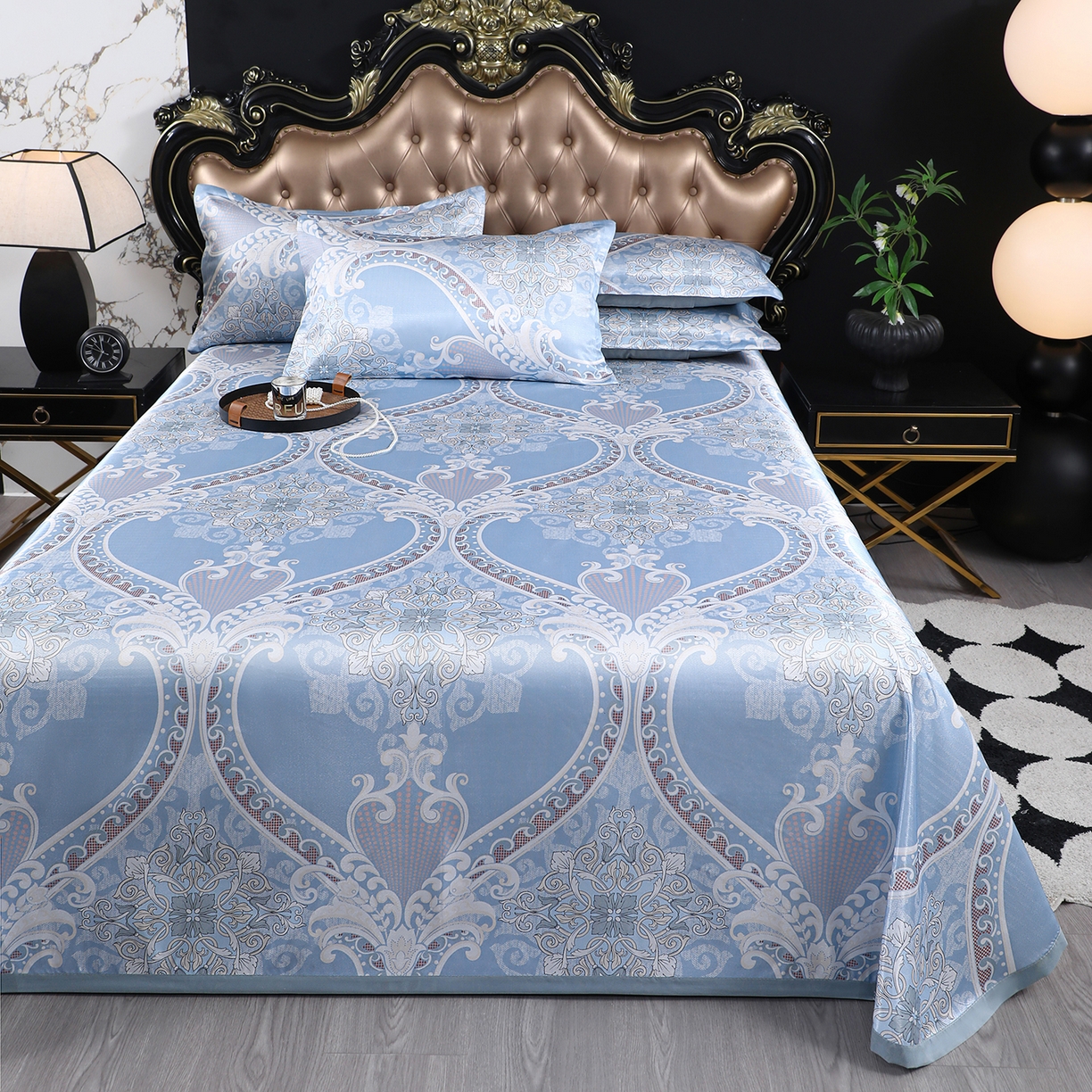 91家纺网 家纺一手货源 找家纺 坦客毯业 2026新款印花冰丝席三件套斜纹加厚冰丝凉席夏凉子 欧式典雅