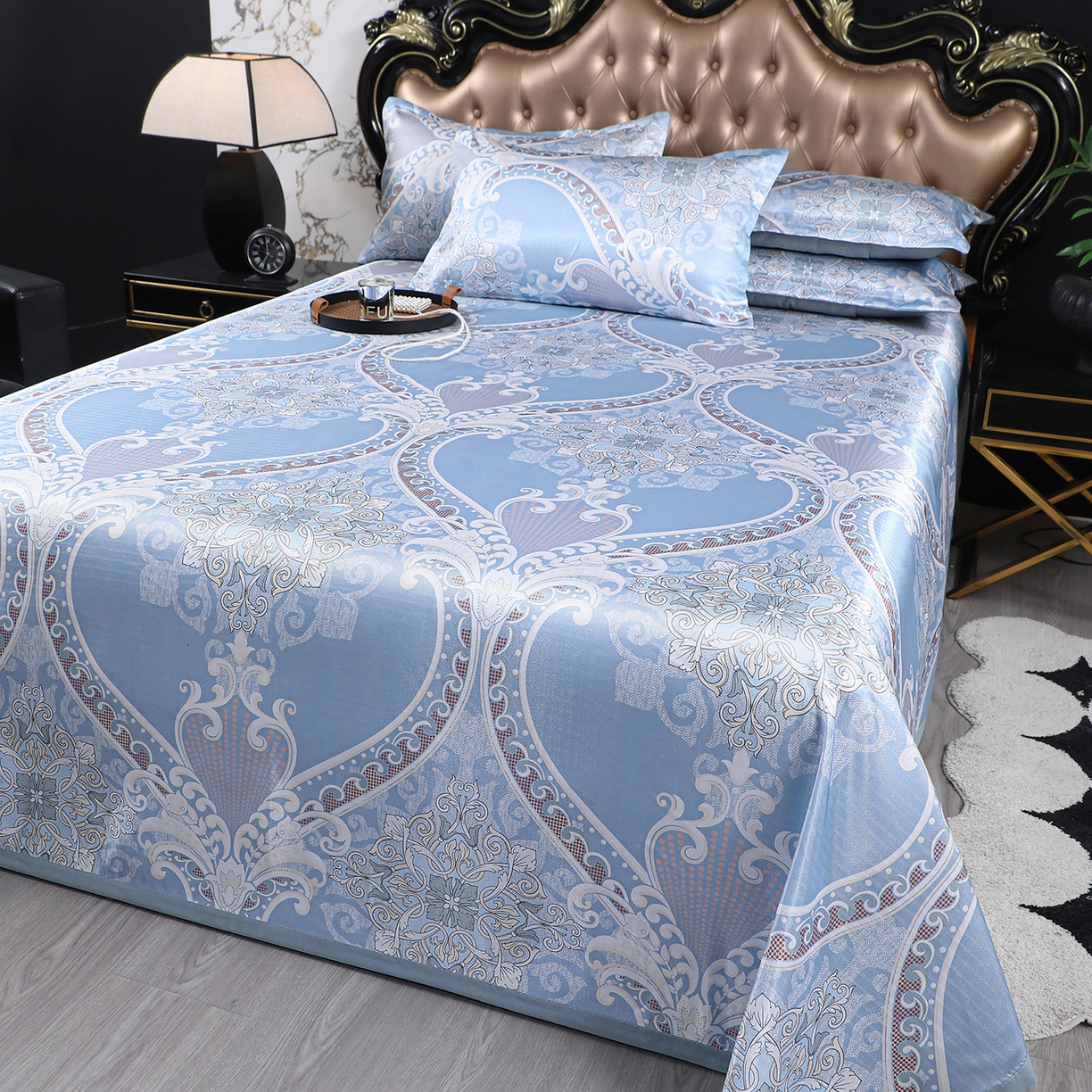 91家纺网 家纺一手货源 找家纺 坦客毯业 2026新款印花冰丝席三件套斜纹加厚冰丝凉席夏凉子 欧式典雅