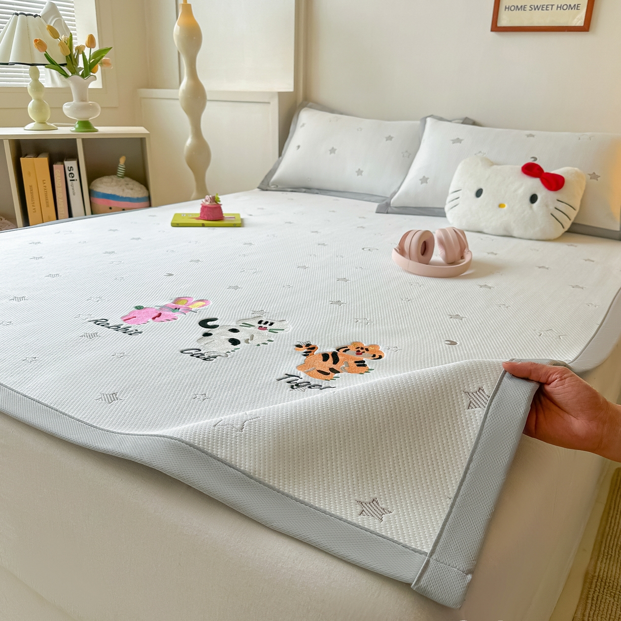 多乐家纺 2026新款星辰系列PE提花凉感豆豆卡通刺绣大包边复合凉席 小老虎-星星月亮-咖(床单款)