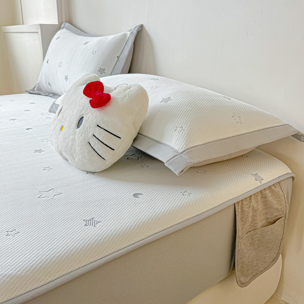 91家纺网 家纺一手货源 找家纺 多乐家纺 2026新款星辰系列PE提花凉感豆豆卡通刺绣大包边复合凉席 花朵猫-星星月亮(床笠款)