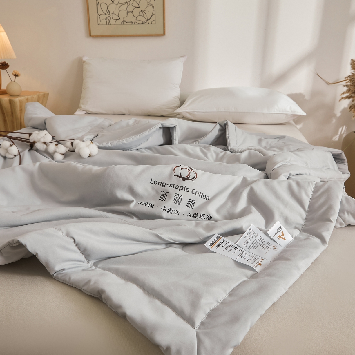 91家纺网 家纺一手货源 找家纺 初相识被业 2026春夏新款A类水洗棉纯色双拼新疆棉花被夏被夏凉被空调被 新疆棉月光灰
