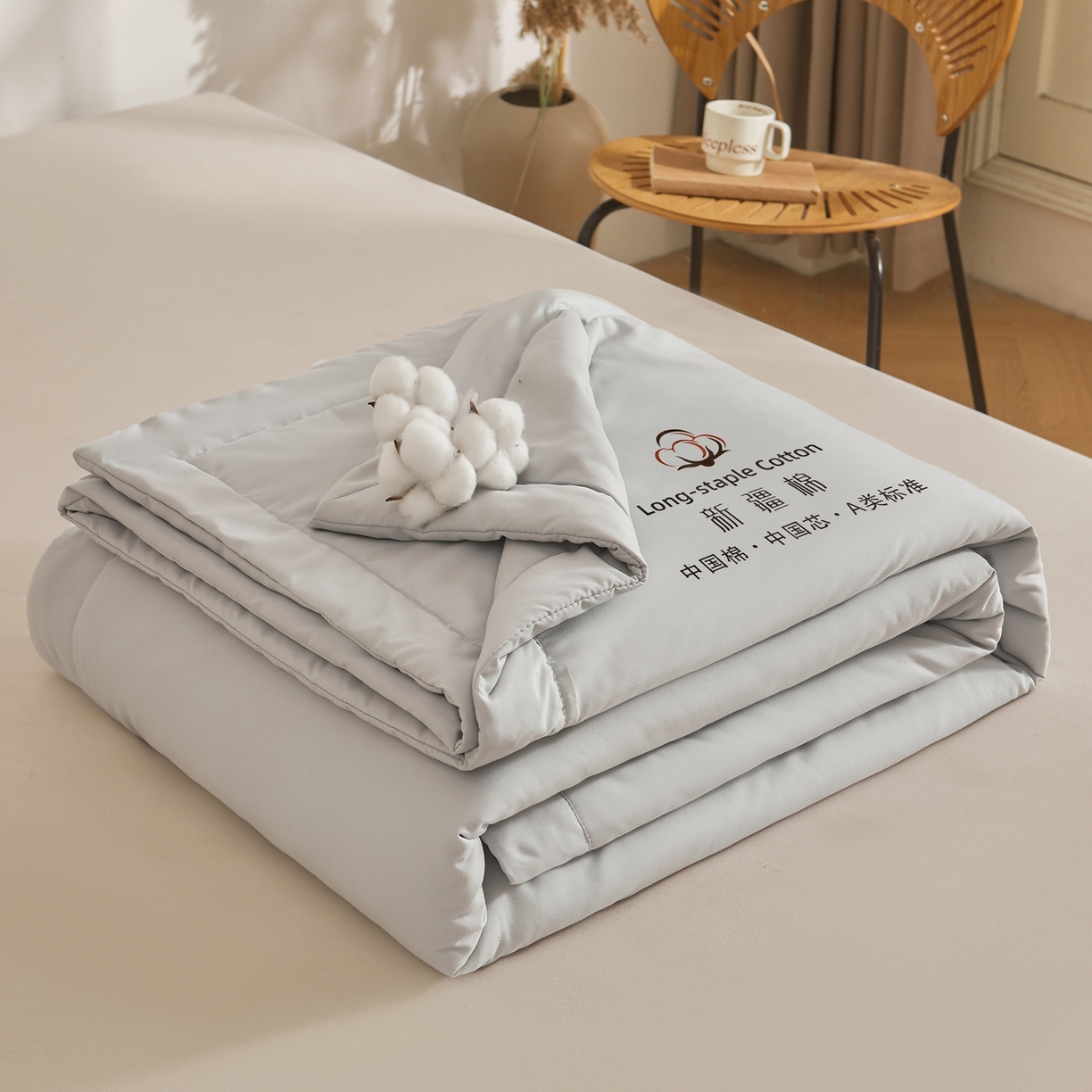 91家纺网 家纺一手货源 找家纺 初相识被业 2026春夏新款A类水洗棉纯色双拼新疆棉花被夏被夏凉被空调被 新疆棉月光灰