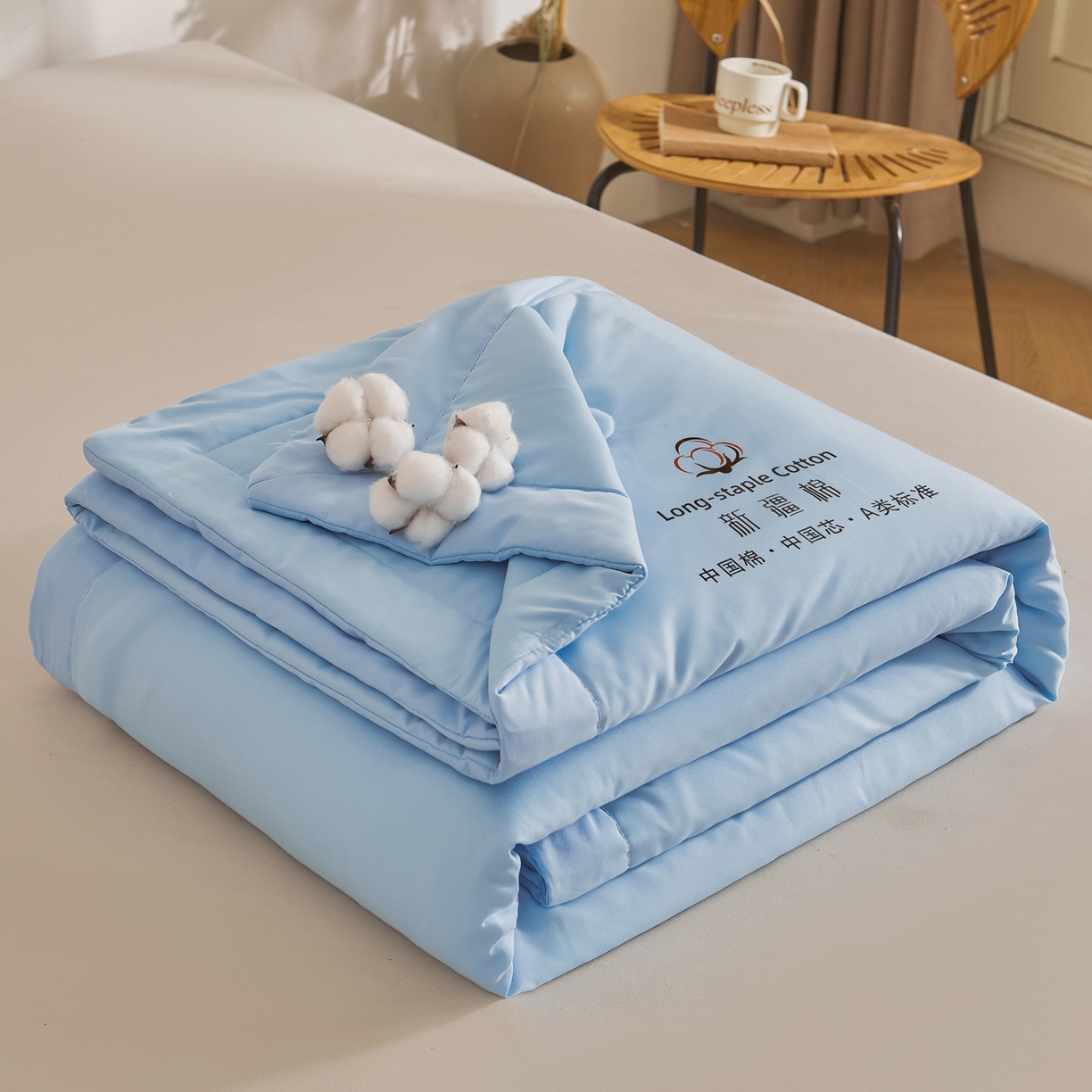 91家纺网 家纺一手货源 找家纺 初相识被业 2026春夏新款A类水洗棉纯色双拼新疆棉花被夏被夏凉被空调被 新疆棉天空蓝