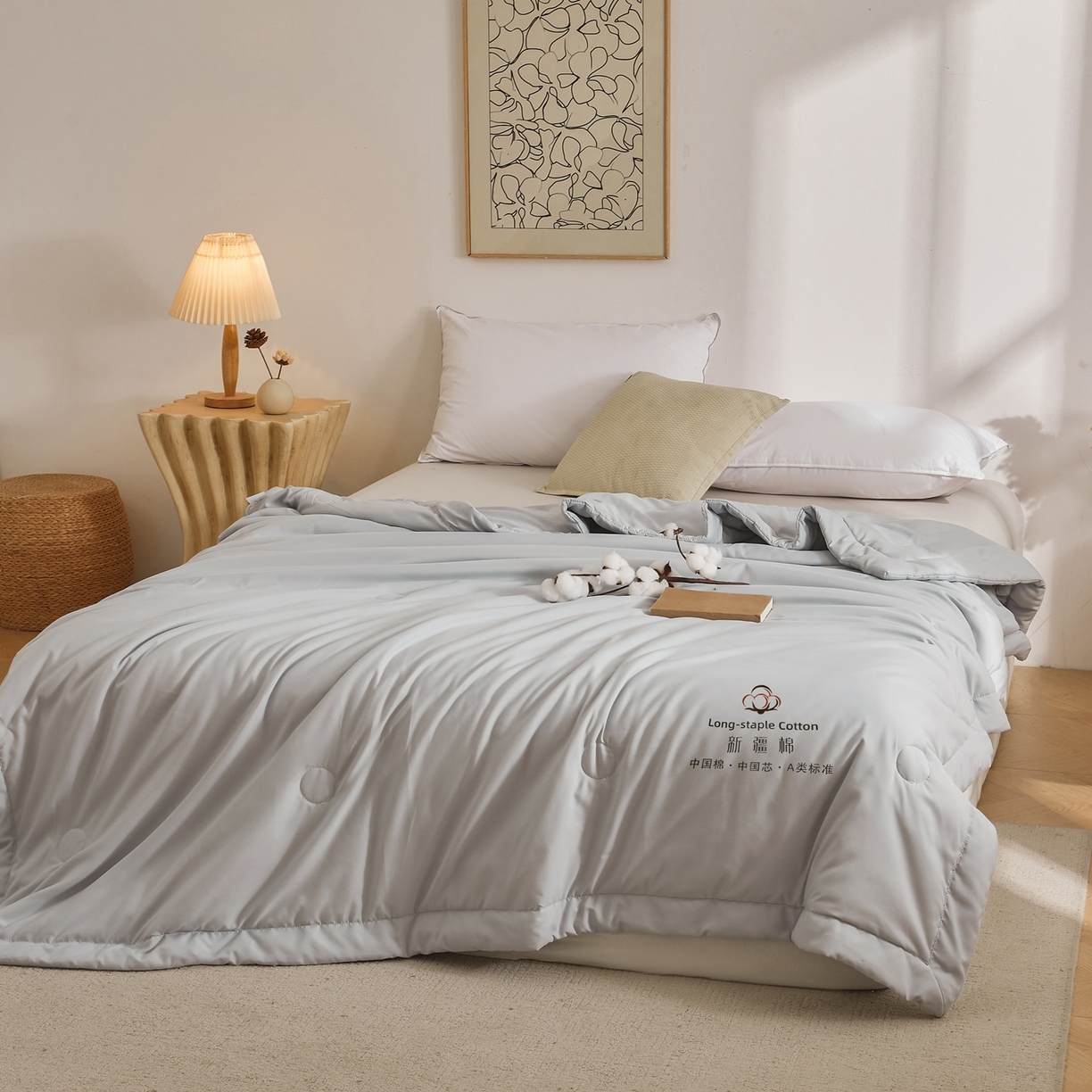 91家纺网 家纺一手货源 找家纺 初相识被业 2026春夏新款A类水洗棉纯色双拼新疆棉花被夏被夏凉被空调被 新疆棉月光灰