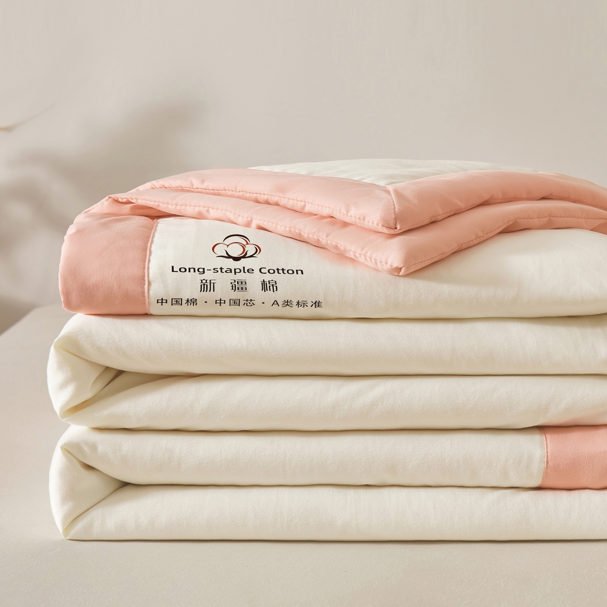 91家纺网 家纺一手货源 找家纺 初相识被业 2026春夏新款A类水洗棉纯色双拼新疆棉花被夏被夏凉被空调被 新疆棉云朵白拼粉玉