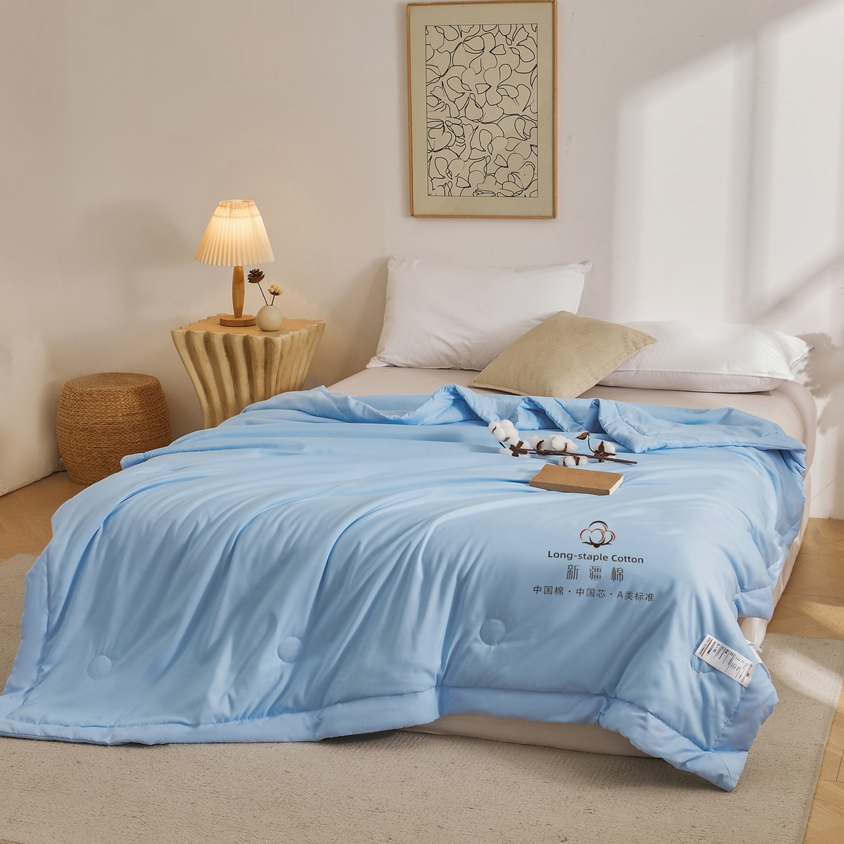 91家纺网 家纺一手货源 找家纺 初相识被业 2026春夏新款A类水洗棉纯色双拼新疆棉花被夏被夏凉被空调被 新疆棉天空蓝