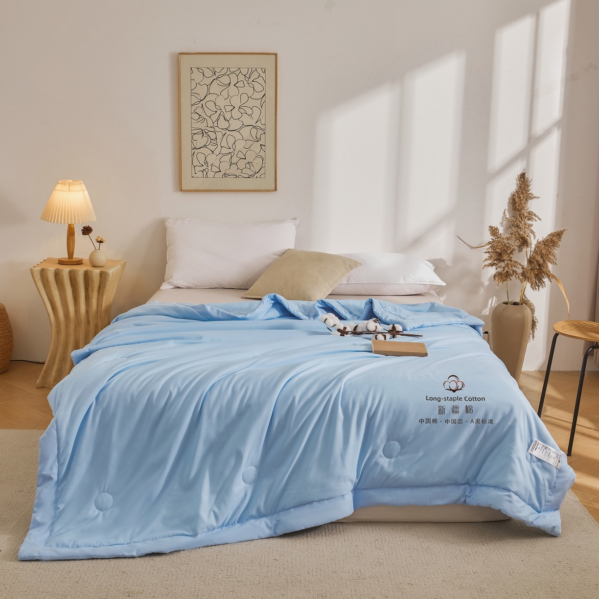 91家纺网 家纺一手货源 找家纺 初相识被业 2026春夏新款A类水洗棉纯色双拼新疆棉花被夏被夏凉被空调被 新疆棉天空蓝