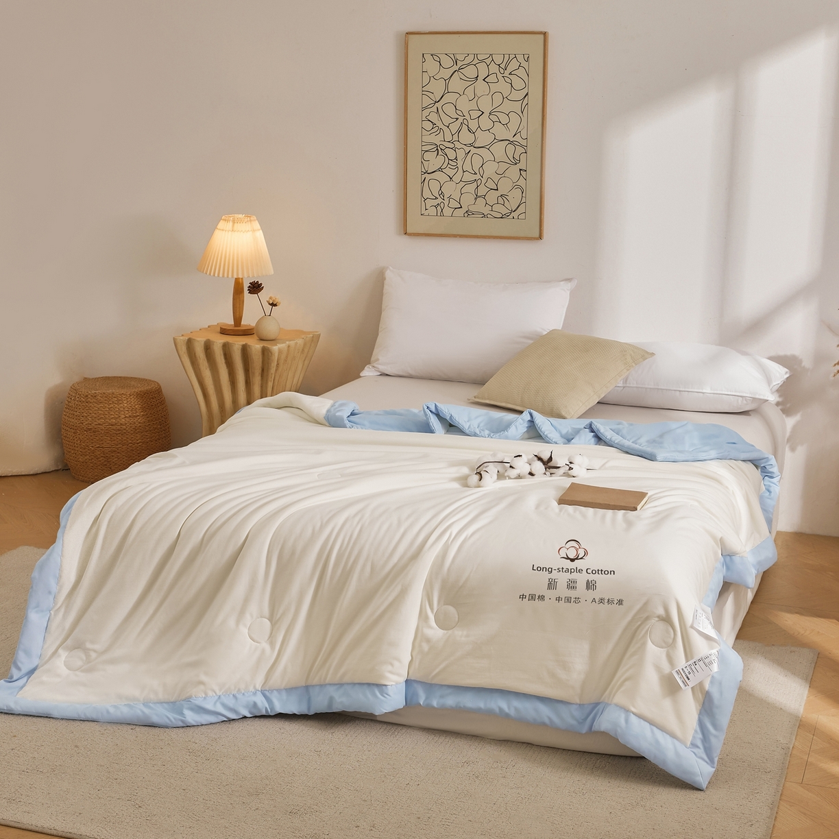 91家纺网 家纺一手货源 找家纺 初相识被业 2026春夏新款A类水洗棉纯色双拼新疆棉花被夏被夏凉被空调被 新疆棉云朵白拼蓝