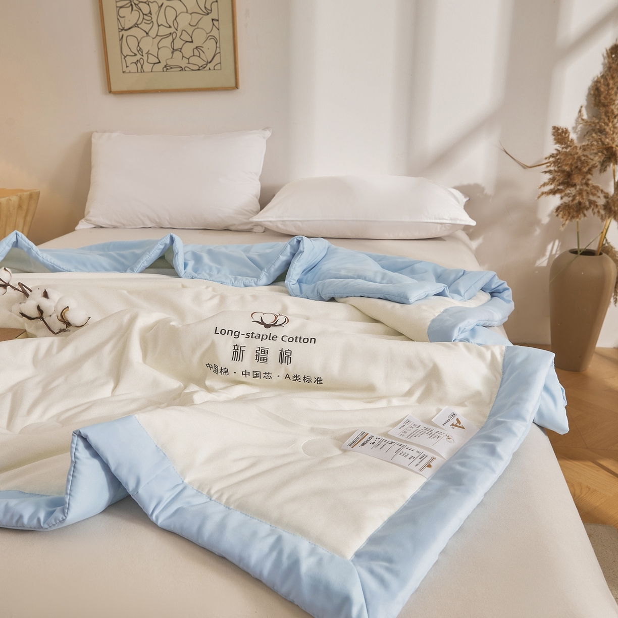 91家纺网 家纺一手货源 找家纺 初相识被业 2026春夏新款A类水洗棉纯色双拼新疆棉花被夏被夏凉被空调被 新疆棉云朵白拼蓝