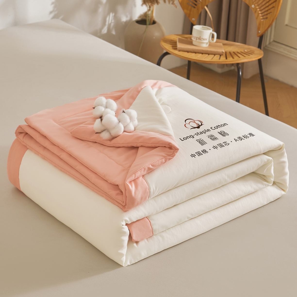 91家纺网 家纺一手货源 找家纺 初相识被业 2026春夏新款A类水洗棉纯色双拼新疆棉花被夏被夏凉被空调被 新疆棉云朵白拼粉玉