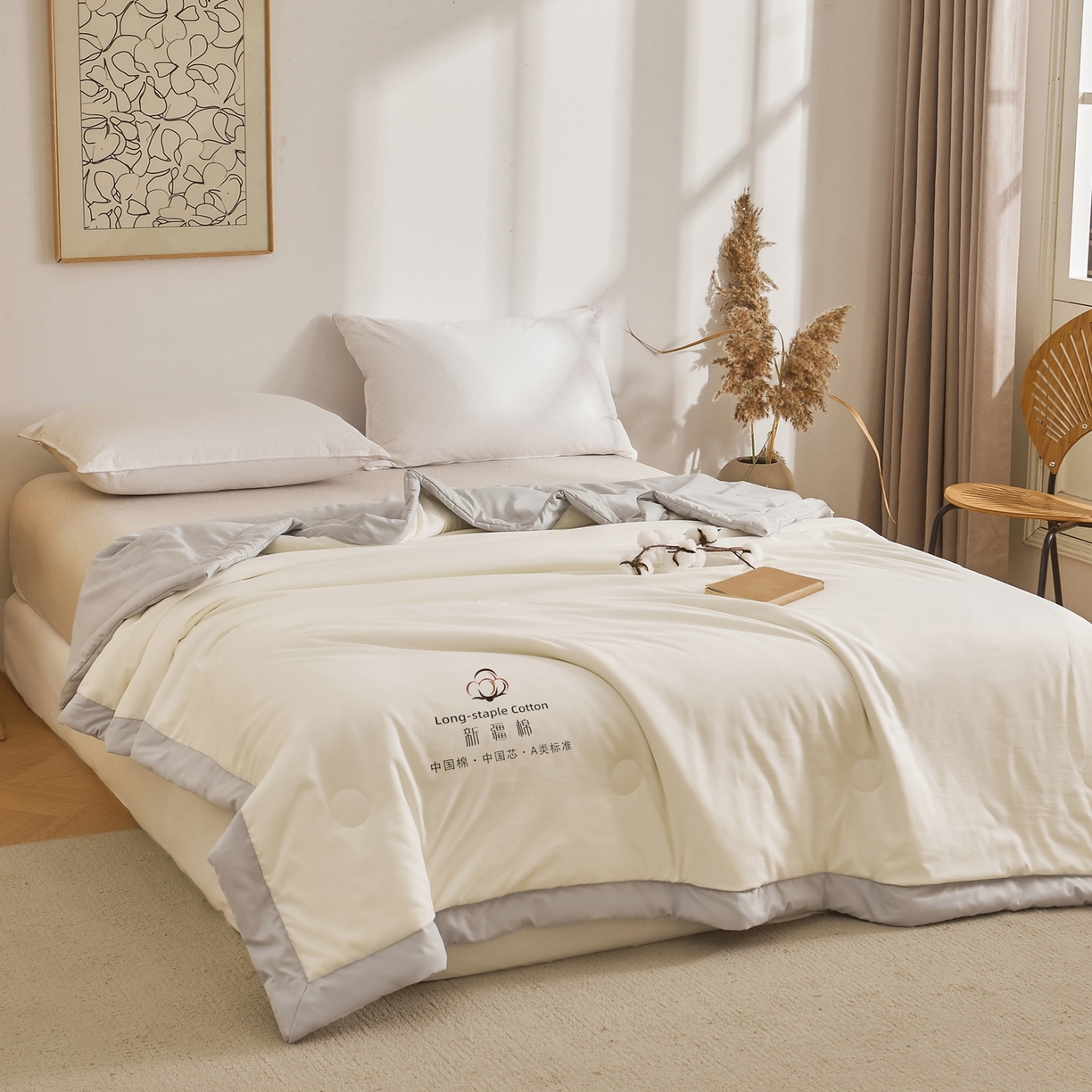 91家纺网 家纺一手货源 找家纺 初相识被业 2026春夏新款A类水洗棉纯色双拼新疆棉花被夏被夏凉被空调被 新疆棉云朵白拼灰