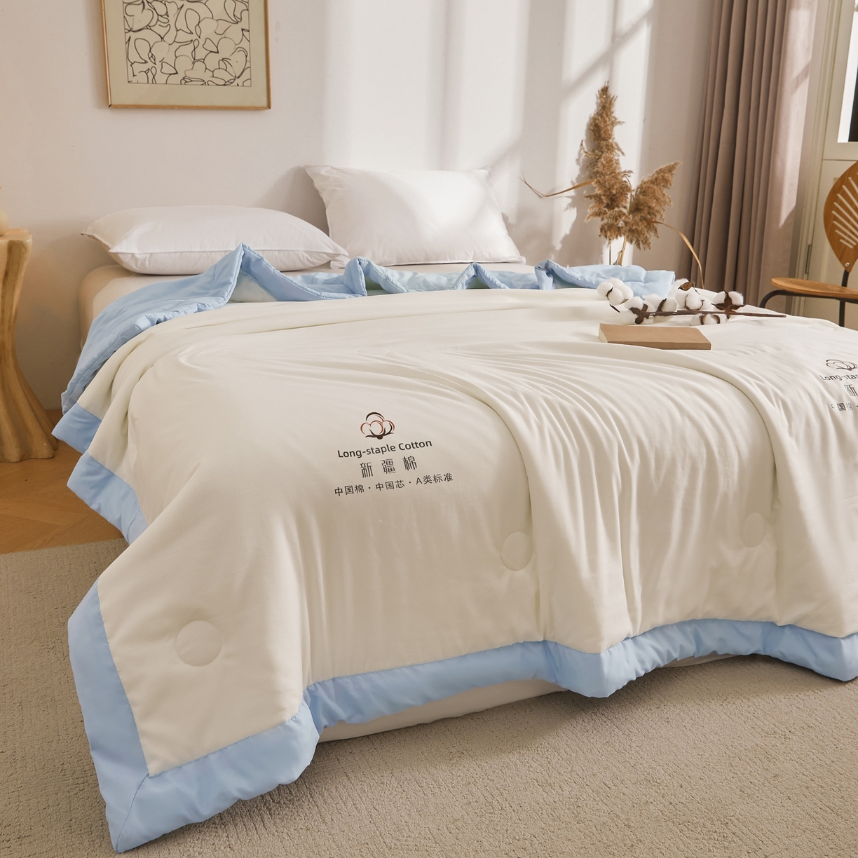 91家纺网 家纺一手货源 找家纺 初相识被业 2026春夏新款A类水洗棉纯色双拼新疆棉花被夏被夏凉被空调被 新疆棉云朵白拼蓝