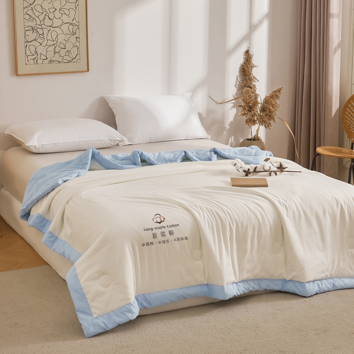 91家纺网 家纺一手货源 找家纺 初相识被业 2026春夏新款A类水洗棉纯色双拼新疆棉花被夏被夏凉被空调被 新疆棉云朵白拼蓝