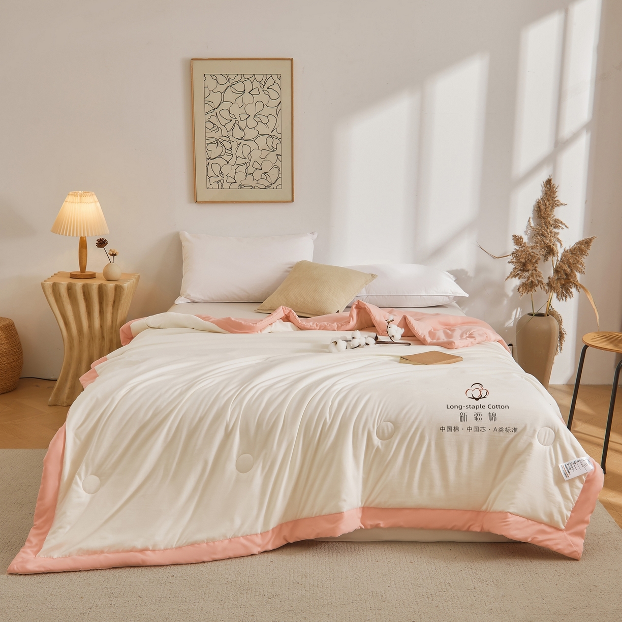 91家纺网 家纺一手货源 找家纺 初相识被业 2026春夏新款A类水洗棉纯色双拼新疆棉花被夏被夏凉被空调被 新疆棉云朵白拼粉玉