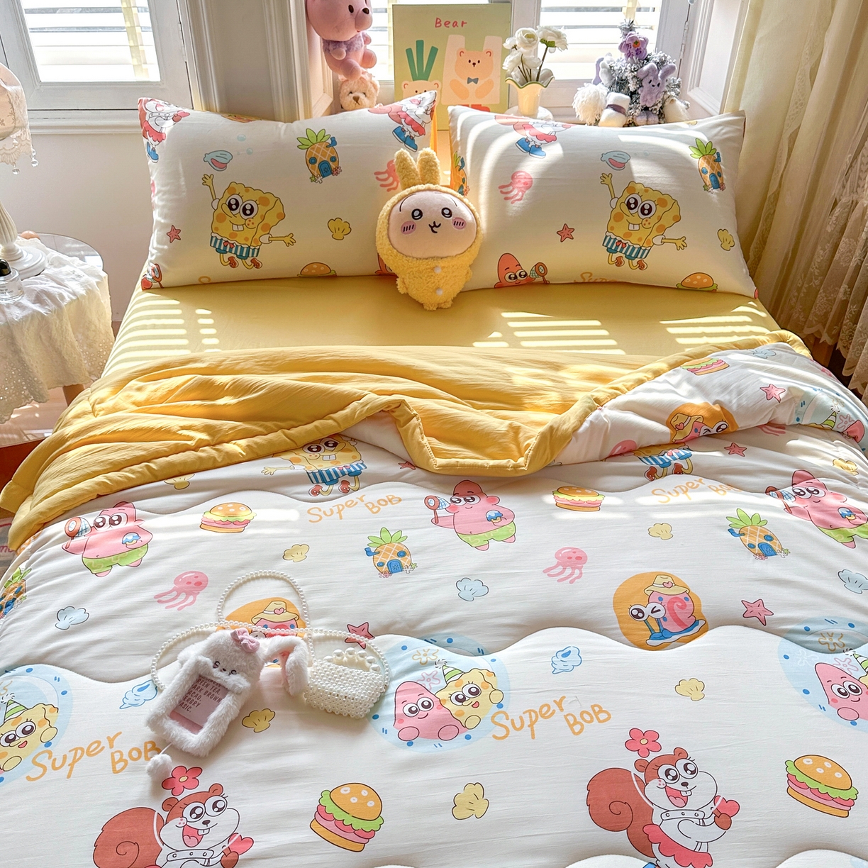 91家纺网 家纺一手货源 找家纺 优卡迪家纺馆 2026新款水洗云朵棉夏被四件套下载文件包含买家秀 海绵宝宝