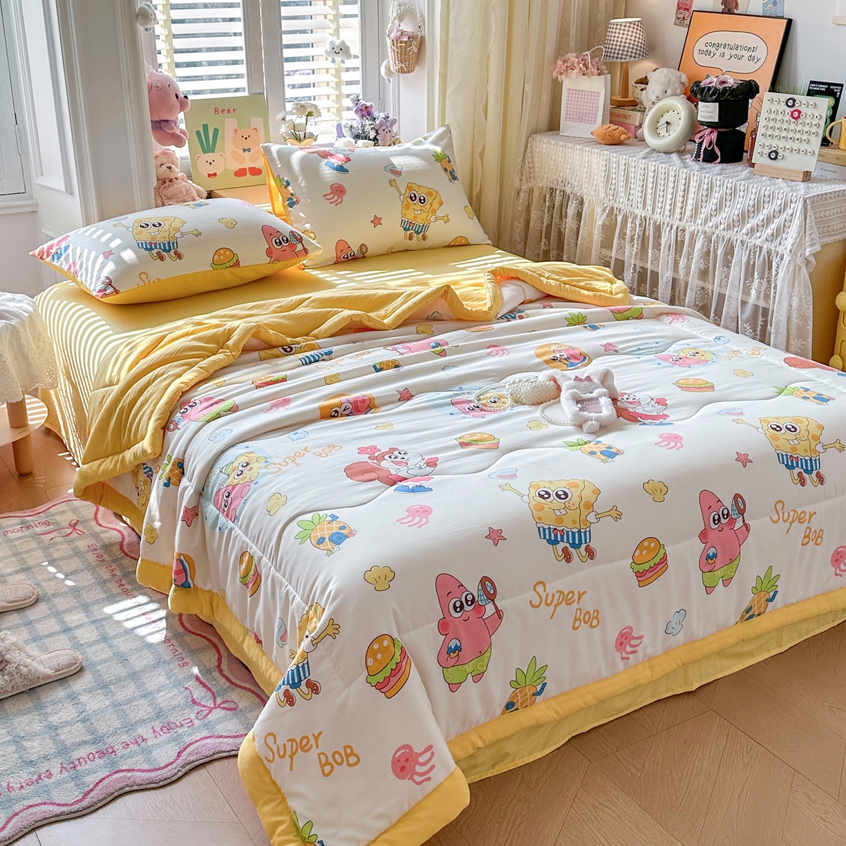 91家纺网 家纺一手货源 找家纺 优卡迪家纺馆 2026新款水洗云朵棉夏被四件套下载文件包含买家秀 海绵宝宝