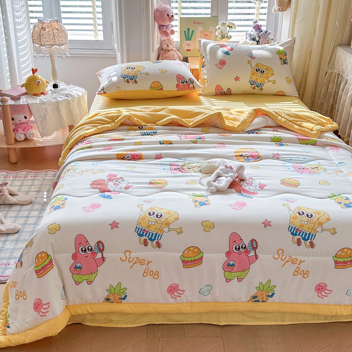 91家纺网 家纺一手货源 找家纺 优卡迪家纺馆 2026新款水洗云朵棉夏被四件套下载文件包含买家秀 海绵宝宝