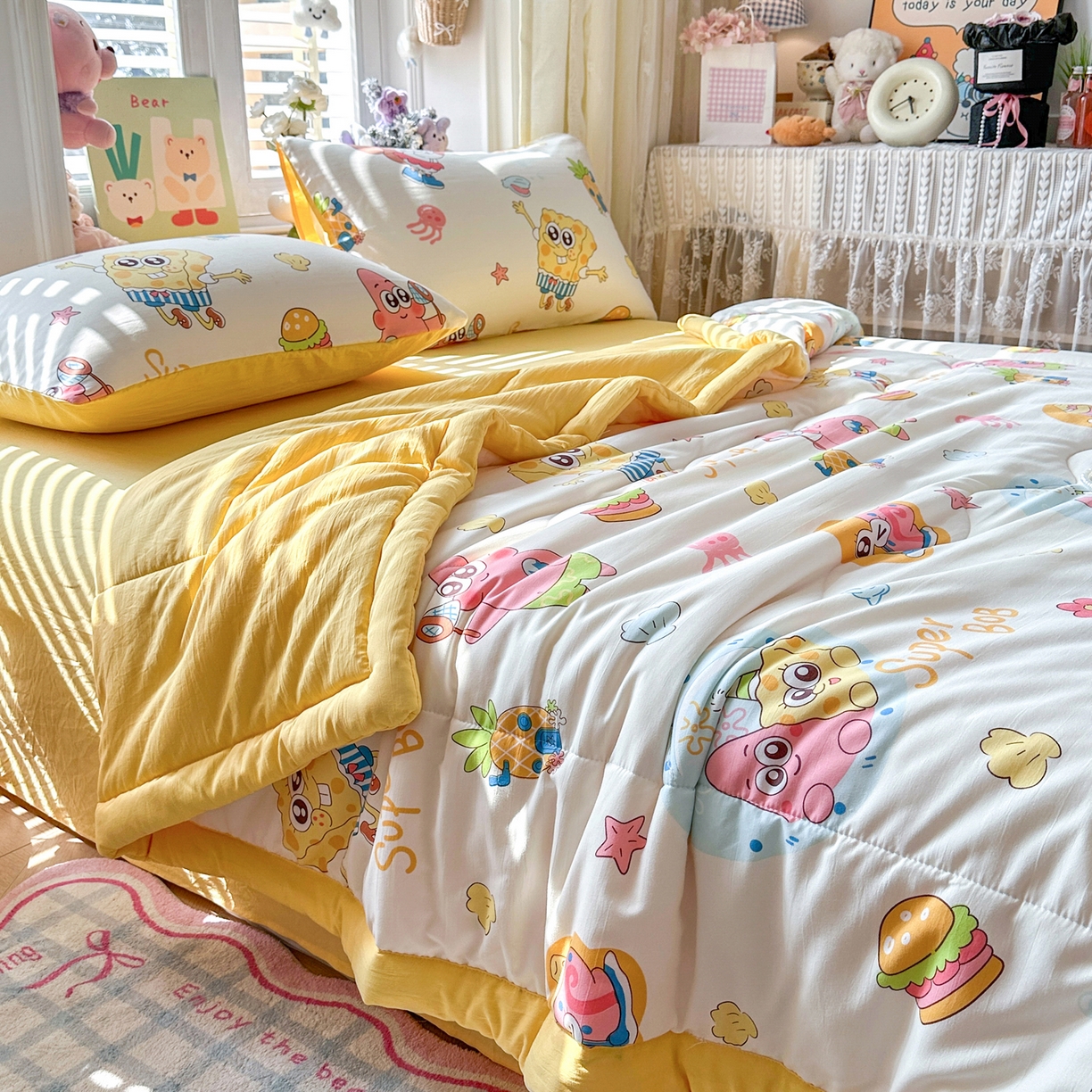 91家纺网 家纺一手货源 找家纺 优卡迪家纺馆 2026新款水洗云朵棉夏被四件套下载文件包含买家秀 海绵宝宝