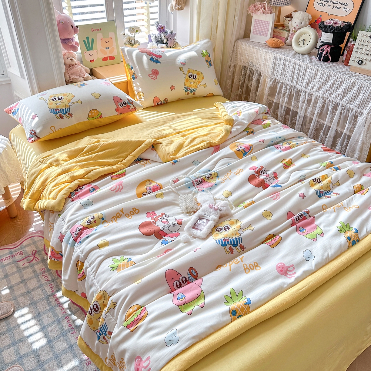 91家纺网 家纺一手货源 找家纺 优卡迪家纺馆 2026新款水洗云朵棉夏被四件套下载文件包含买家秀 海绵宝宝