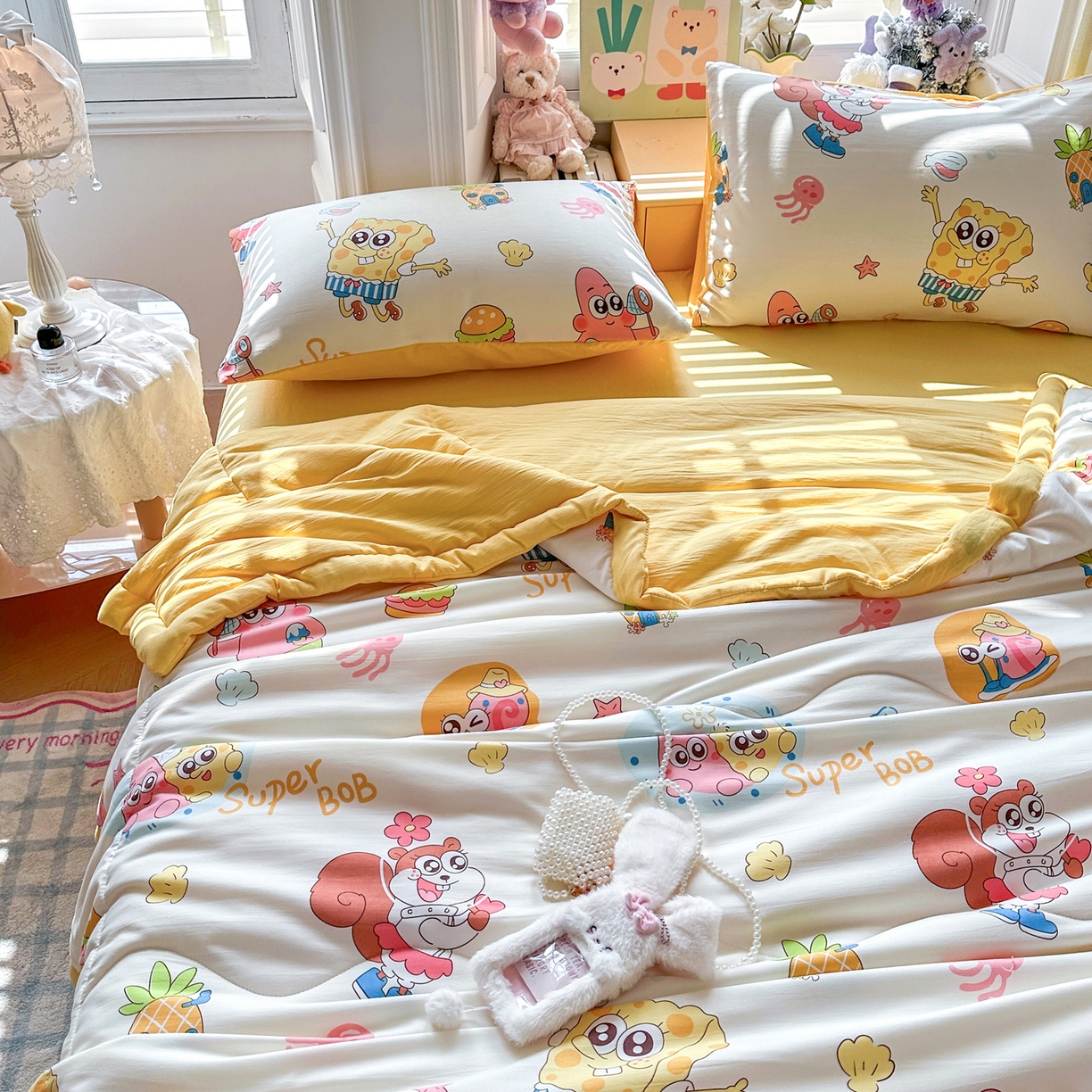 91家纺网 家纺一手货源 找家纺 优卡迪家纺馆 2026新款水洗云朵棉夏被四件套下载文件包含买家秀 海绵宝宝