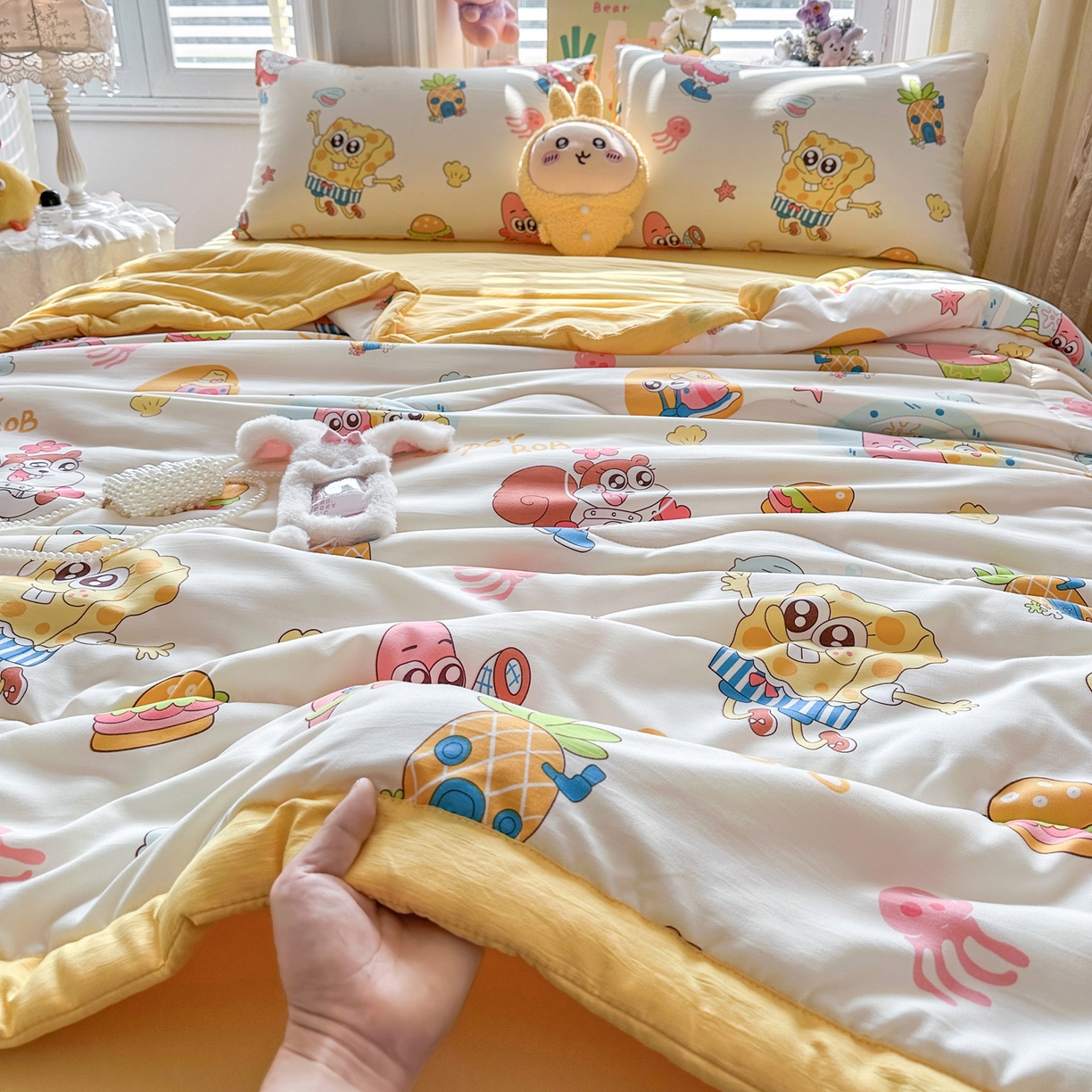 91家纺网 家纺一手货源 找家纺 优卡迪家纺馆 2026新款水洗云朵棉夏被四件套下载文件包含买家秀 海绵宝宝