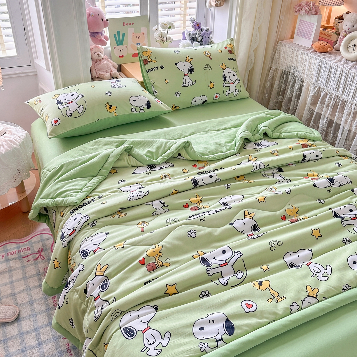 91家纺网 家纺一手货源 找家纺 优卡迪家纺馆 2026新款水洗云朵棉夏被四件套下载文件包含买家秀 花生布丁狗